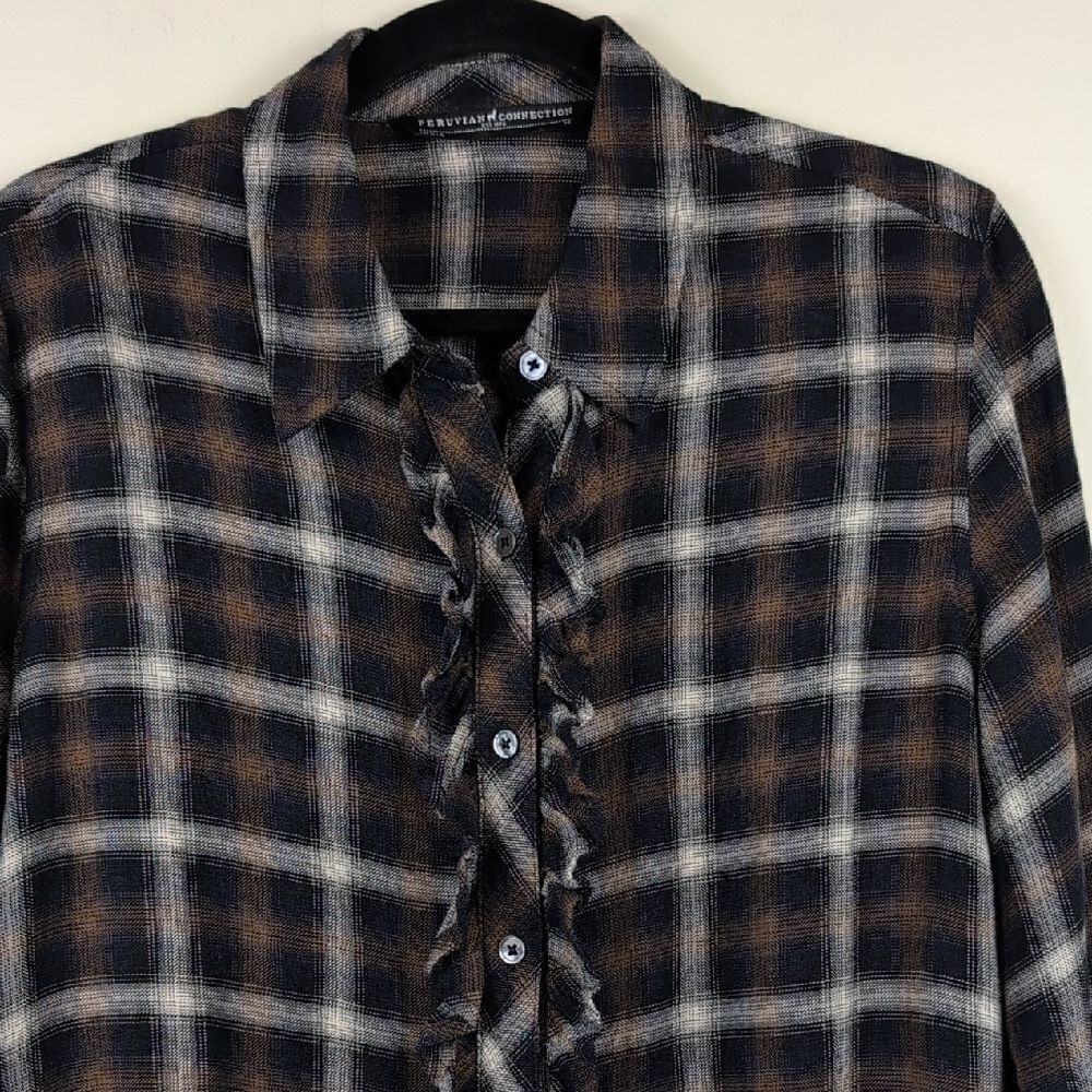 Peruvian Connection Ruffled Button Front Plaid Shirt Top Size M - Picture 3 of 8